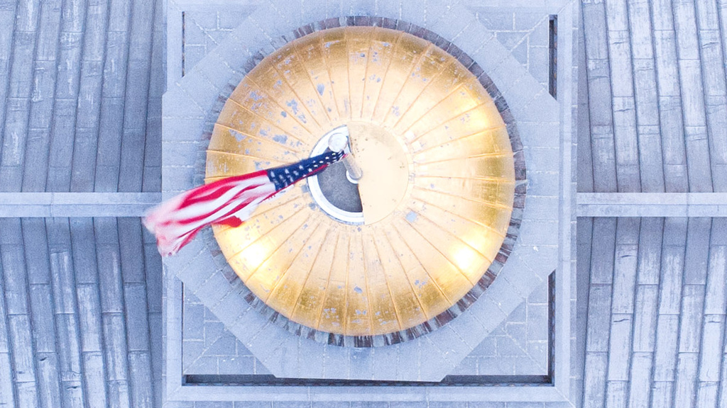 Bird's eye view of the Old Capitol Museum's gold dome. Photo by Justin Torner, 2020